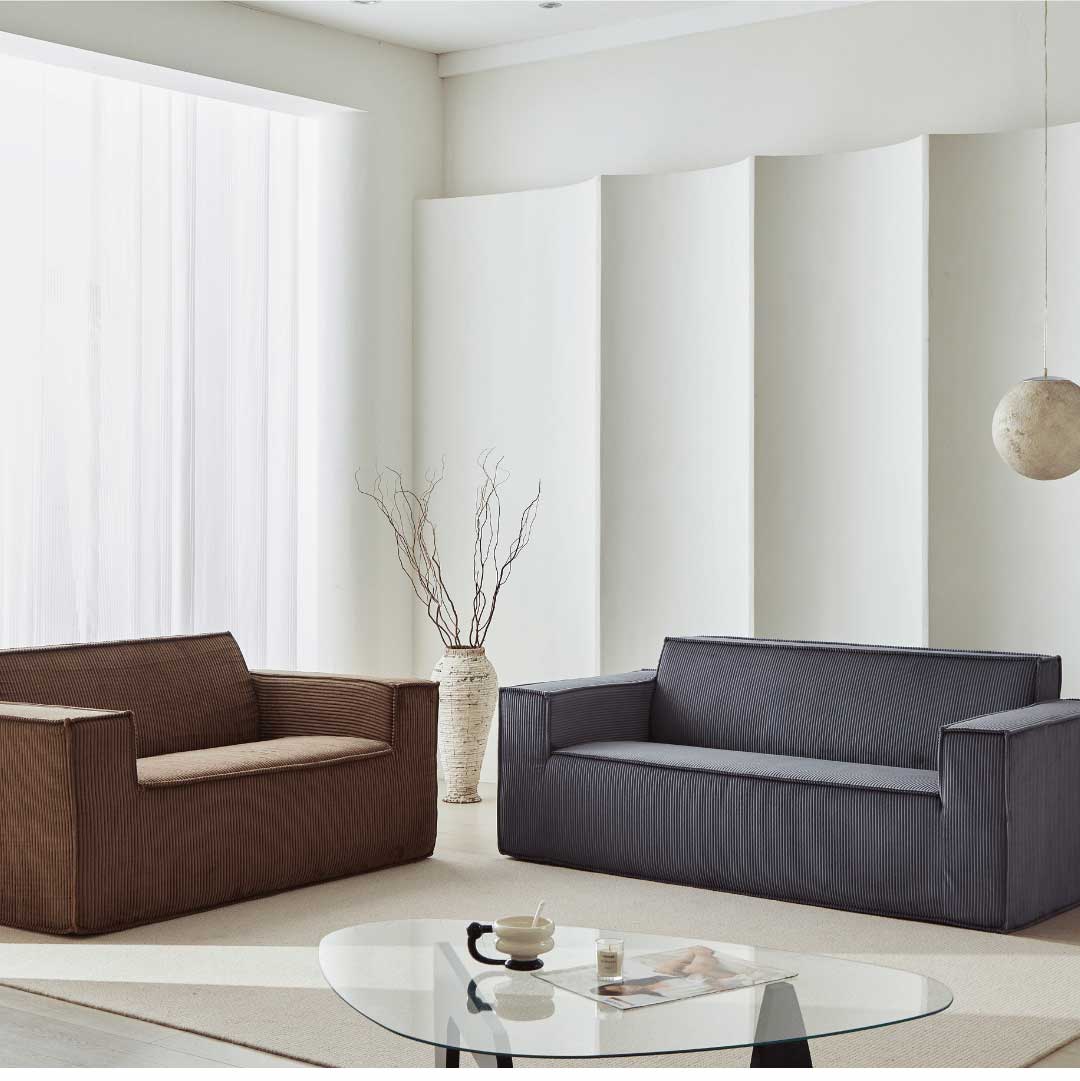 Midnight blue and mocha brown Matoresu SignatureLux sofas styled together