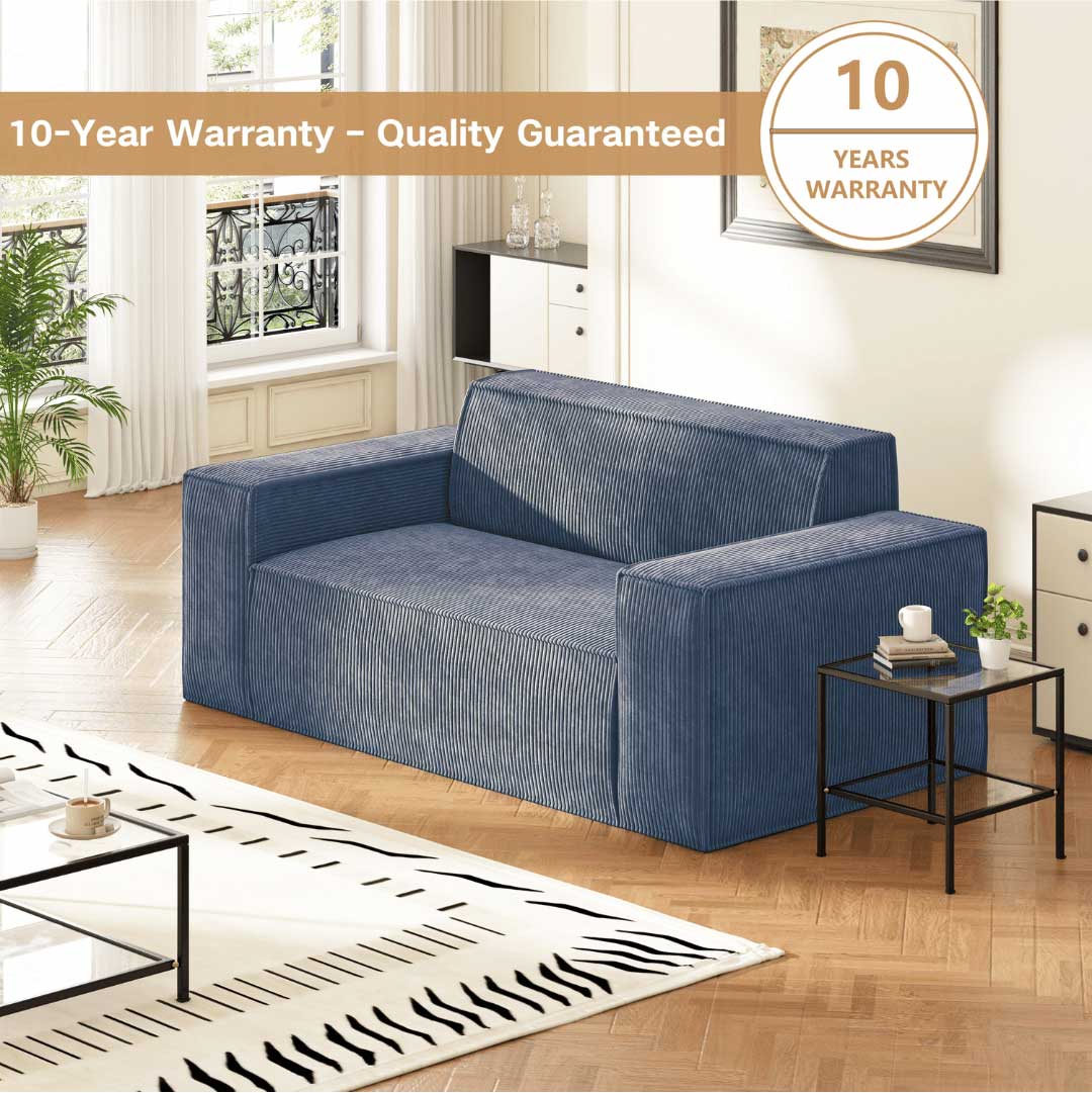 Matoresu SignatureLux memory foam sofa in midnight blue with 10-year warranty banner