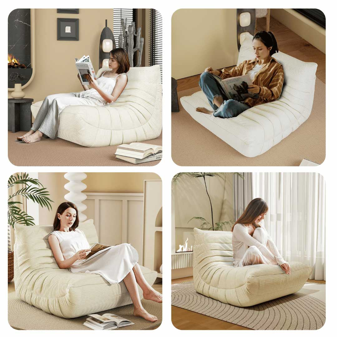 Matoresu CloudLounge chair in beige shown in four cozy home scenes