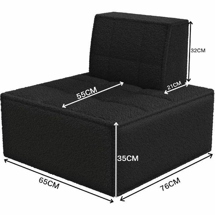 Black sherpa modular sofa chair with detailed size specifications for height and width