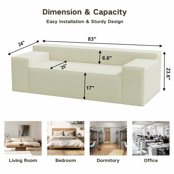 3-seater linen sofa dimensions: 83 inches wide, 34 inches deep, 17-inch seat height, and 6.6-inch armrest