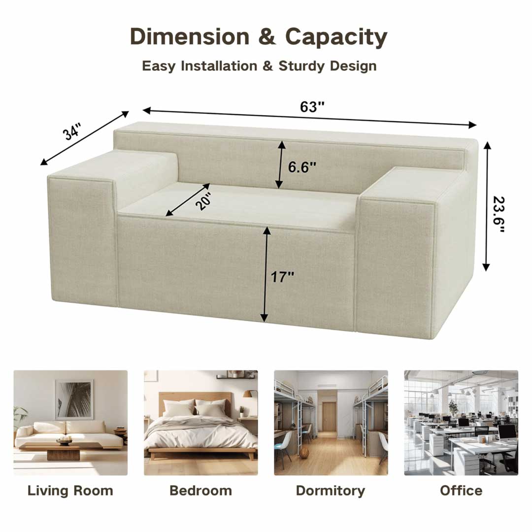 2-seater linen sofa dimensions: 63 inches wide, 34 inches deep, 17-inch seat height, and 6.6-inch armrest