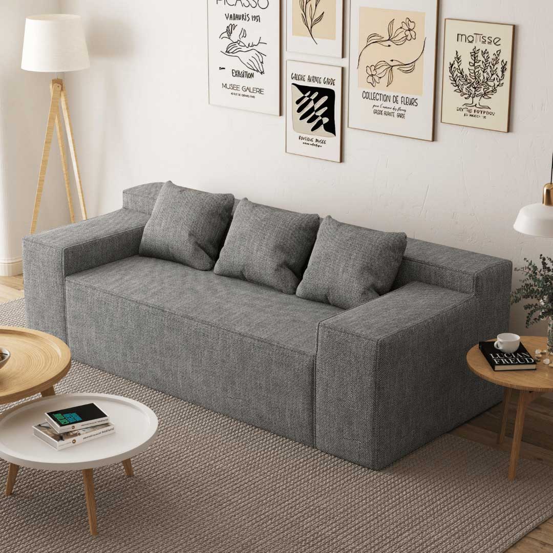 Matoresu Spring Hybrid Couch Linen Sofa 3-seater model with matching cushions shown front view