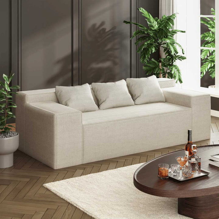 Matoresu Spring Hybrid Couch Linen Sofa frame and spring hybrid base structure illustrated
