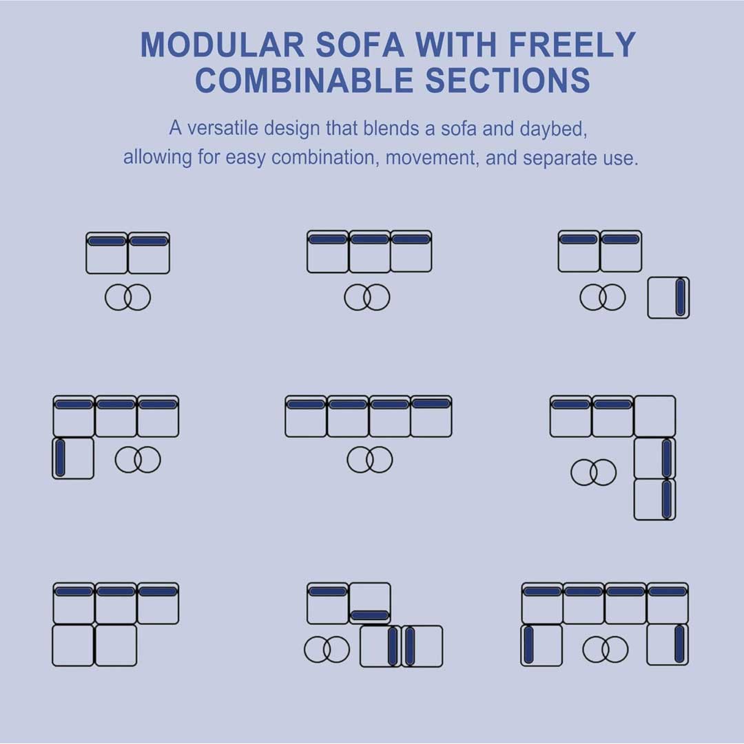 A versatile design that blends a sofa and daybed, allowing for easy combination, movement, and separate use.