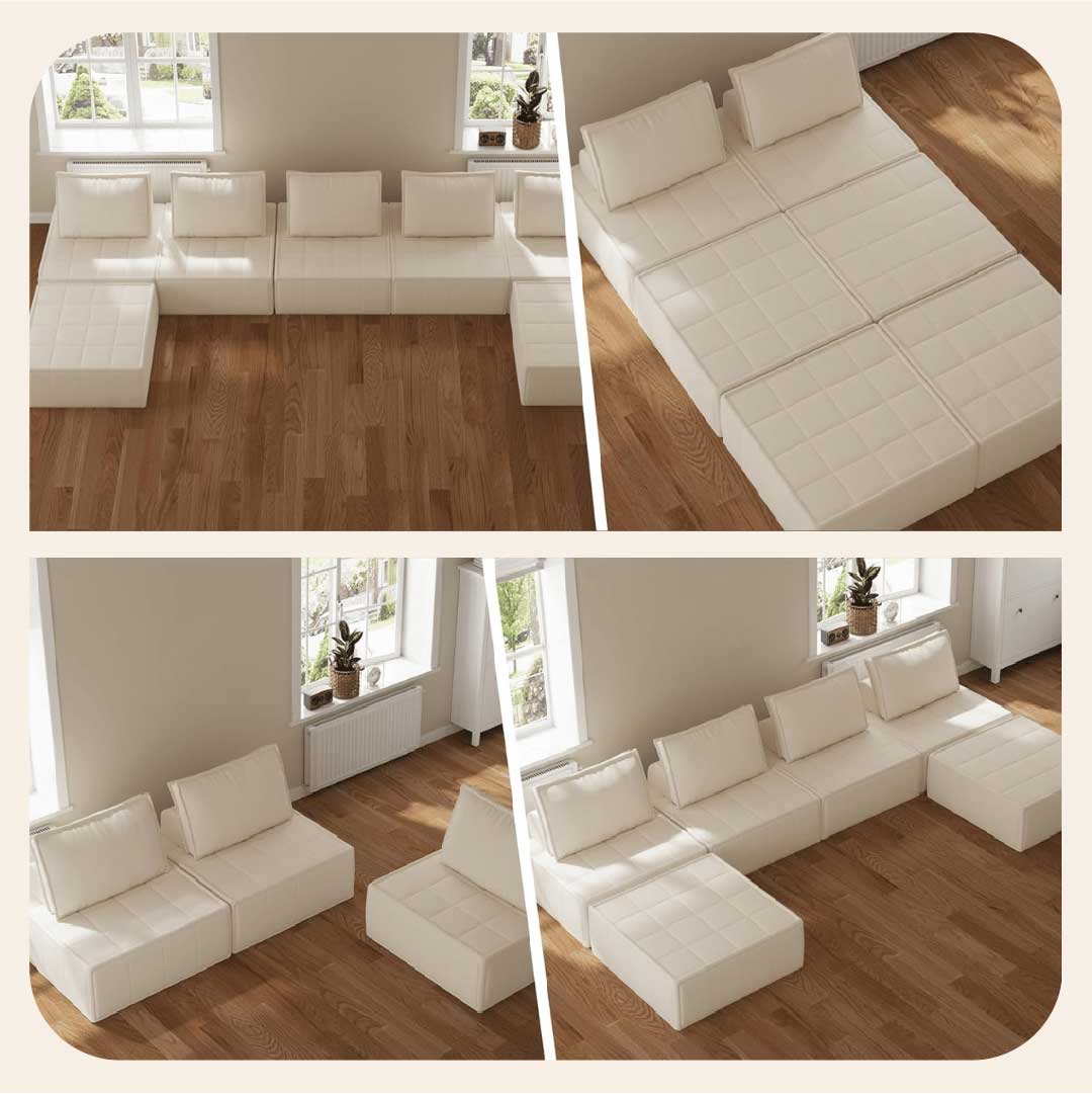 Multiple layout options of modular armless chairs including bed and L-shaped sofa