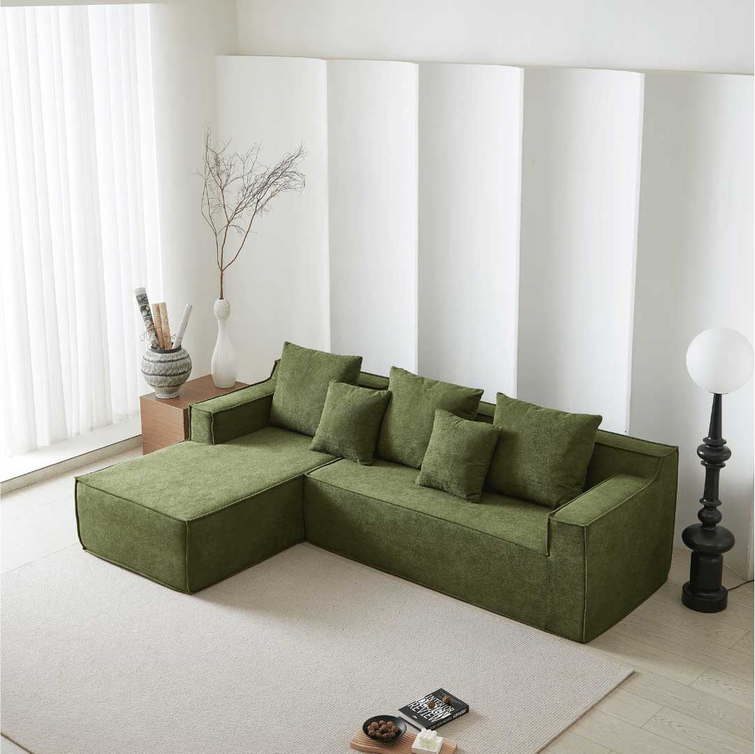 Matoresu CloudNest green memory foam sectional chaise sofa in modern minimalist living room