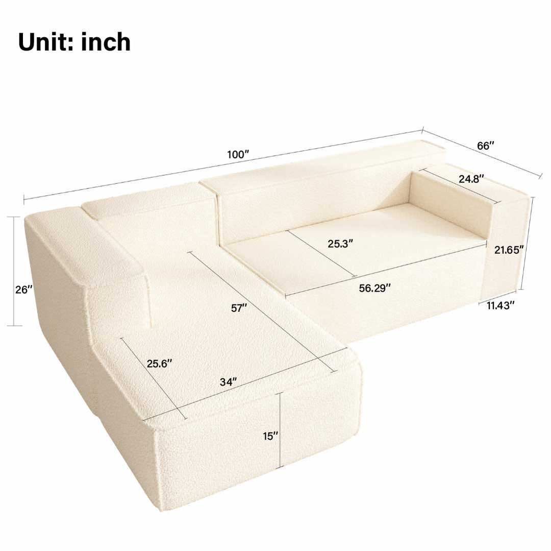 Dimension diagram of Matoresu CloudNest white memory foam sectional chaise sofa with detailed inch measurements