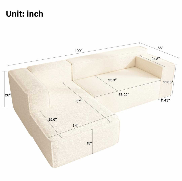 Dimension diagram of Matoresu CloudNest white memory foam sectional chaise sofa with detailed inch measurements