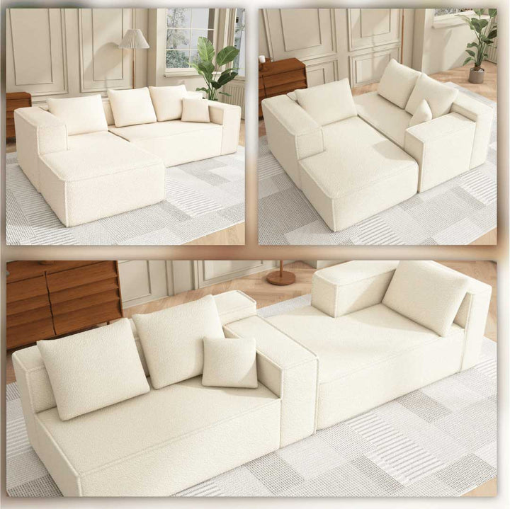 Matoresu CloudNest white memory foam sectional chaise sofa with modular design shown from multiple angles